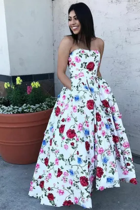 A Line Strapless High Low Printed Prom Dresses with Pockets Floral Party Dresses N973