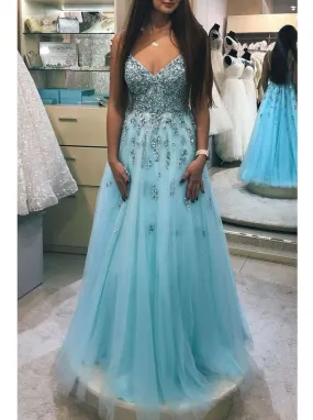 A-line V-neck Beaded Prom Dresses Tulle Floor Length Party Gowns