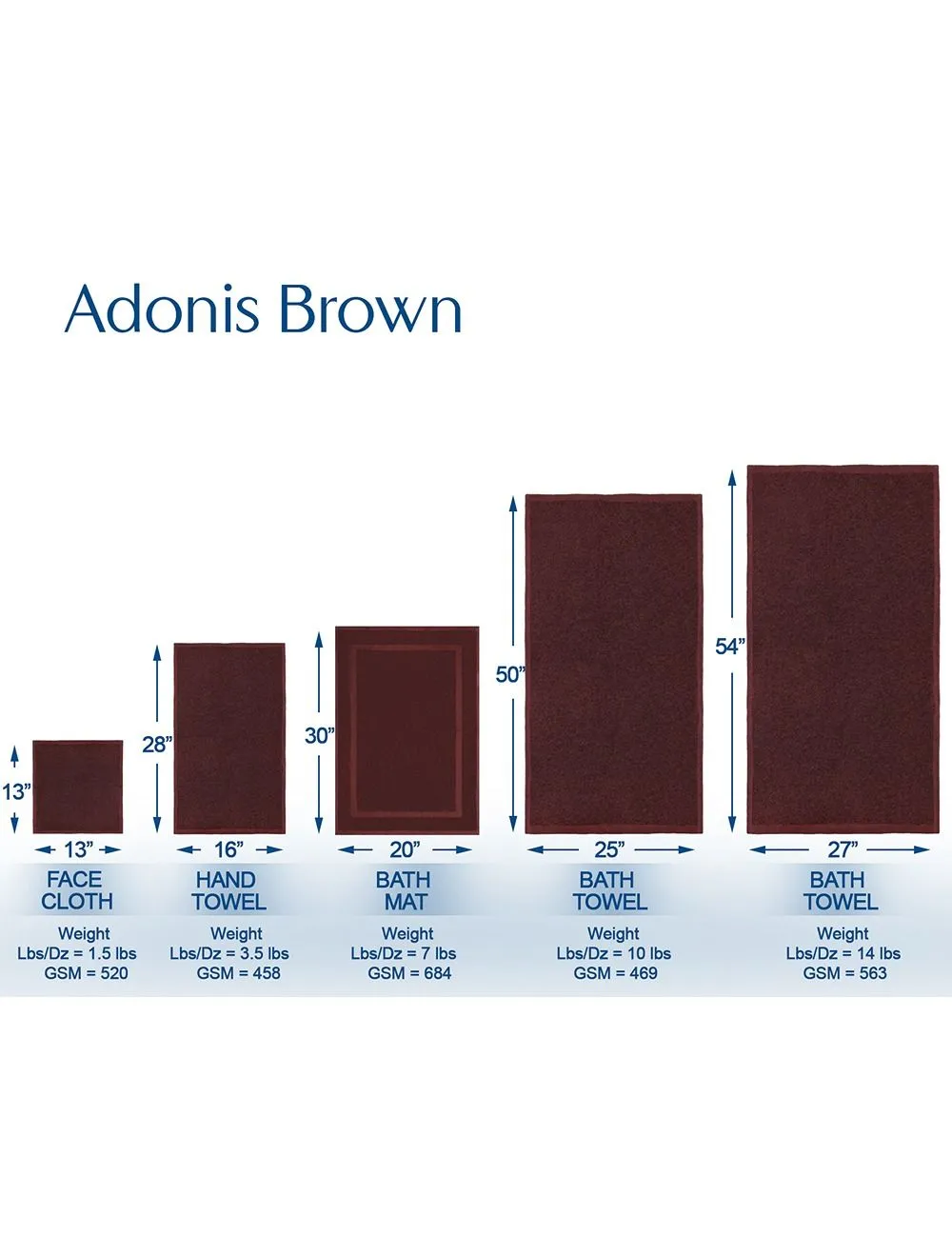 ADONIS Luxury Face Towel 13" x 13" #1.50Lbs/dz Standard Full Terry 36/Pack Color BROWN