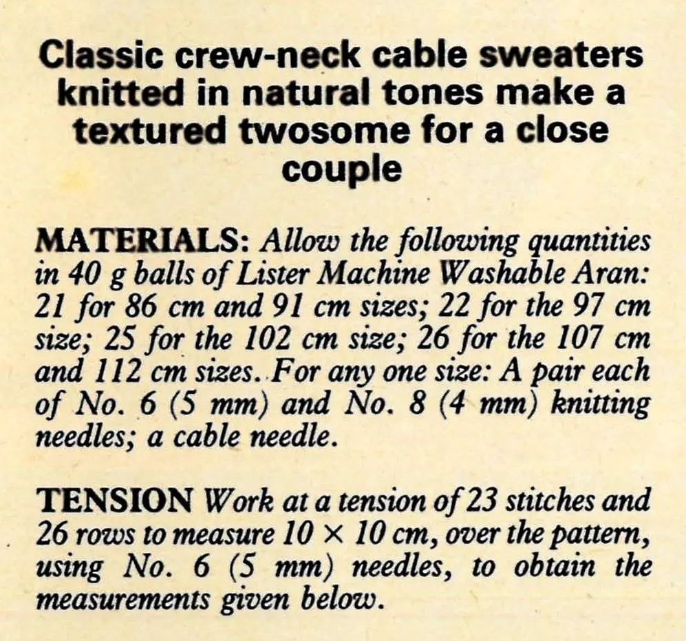Aran Sweaters, His & Her Jumper Knitting Pattern, Classic Crew Neck, Instant Download