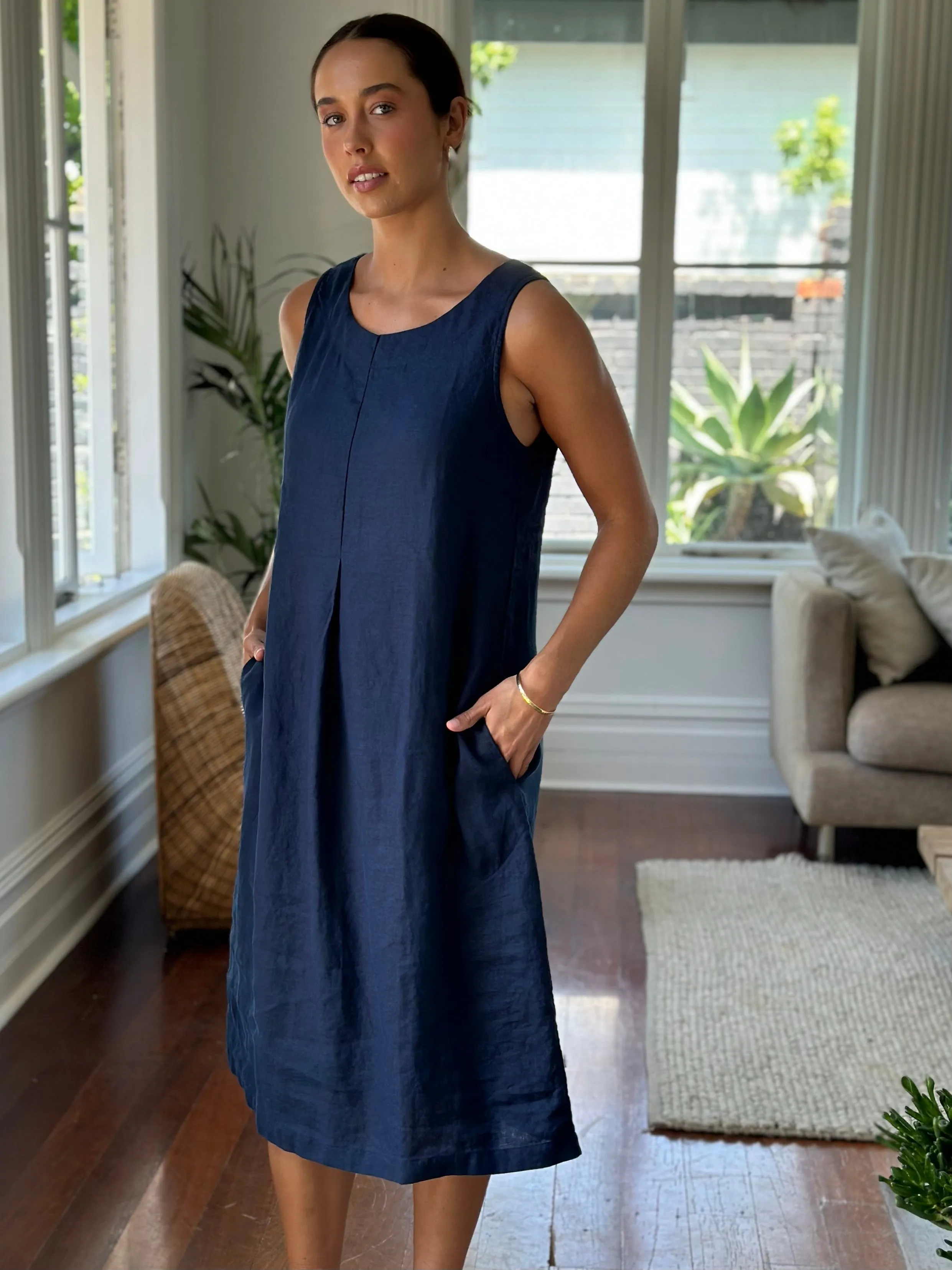 becky dress - navy linen