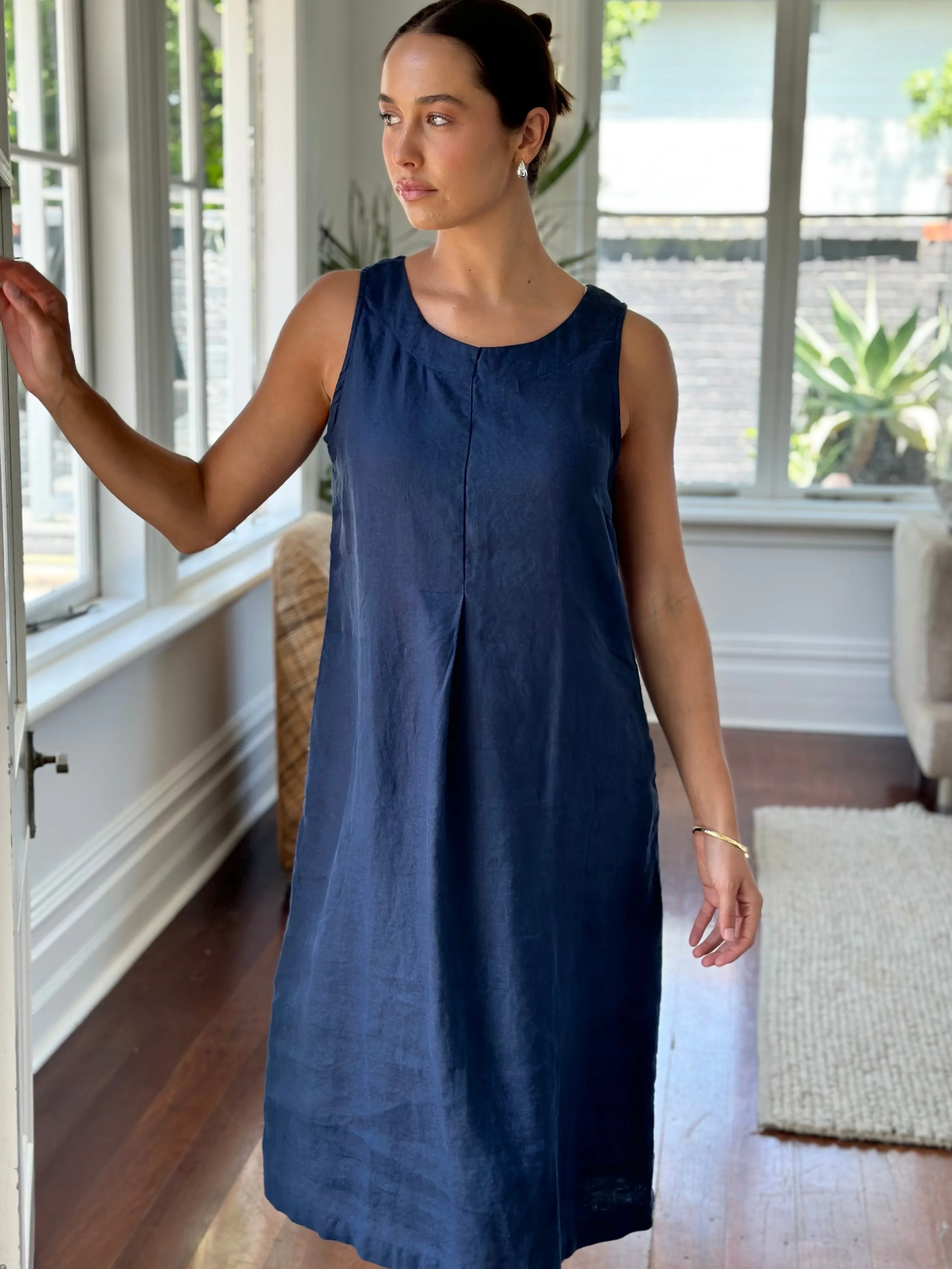 becky dress - navy linen