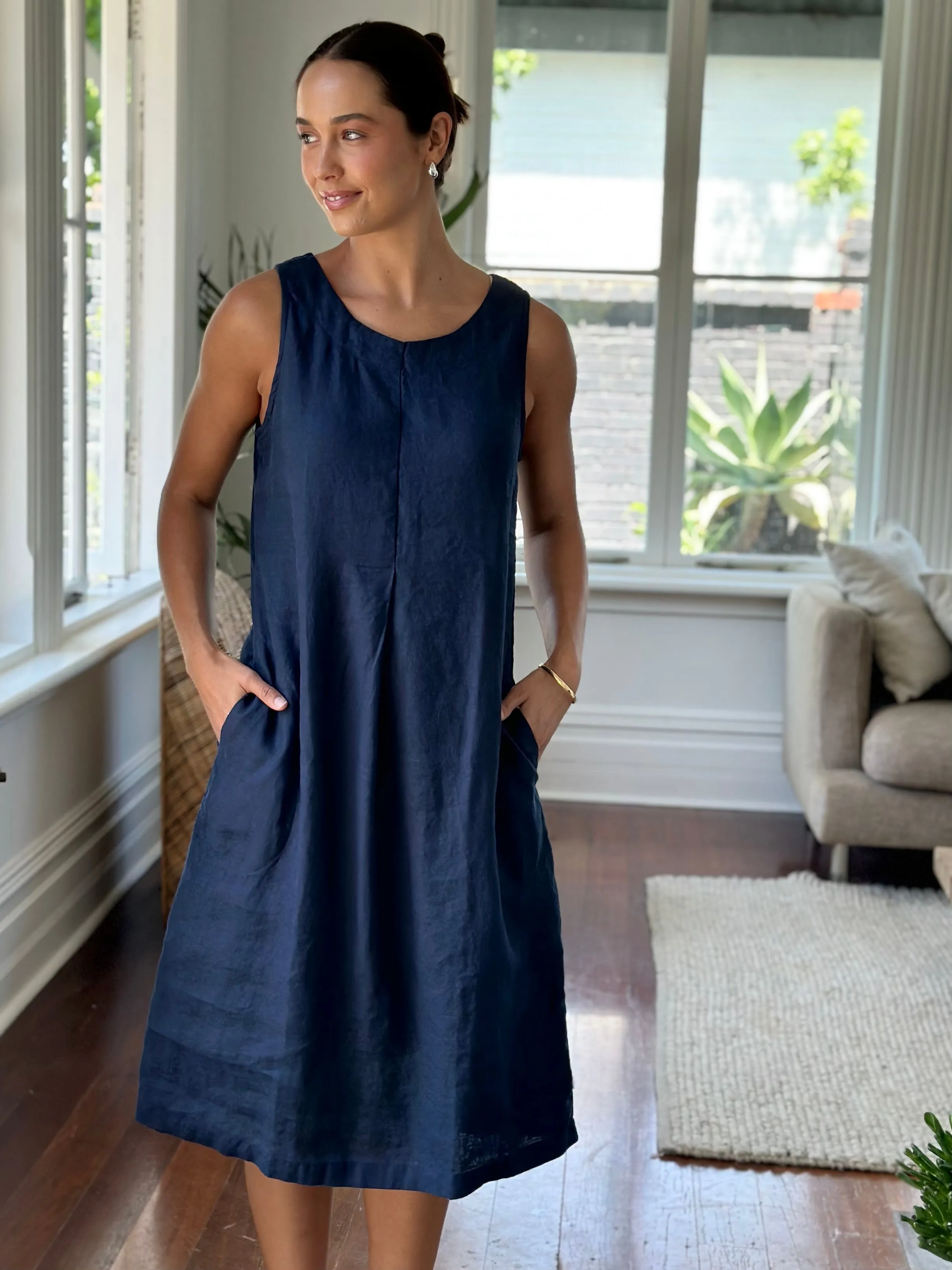 becky dress - navy linen