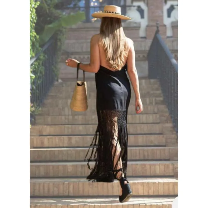 Black Linen Tassel Fringe Dress