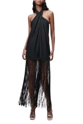 Black Linen Tassel Fringe Dress