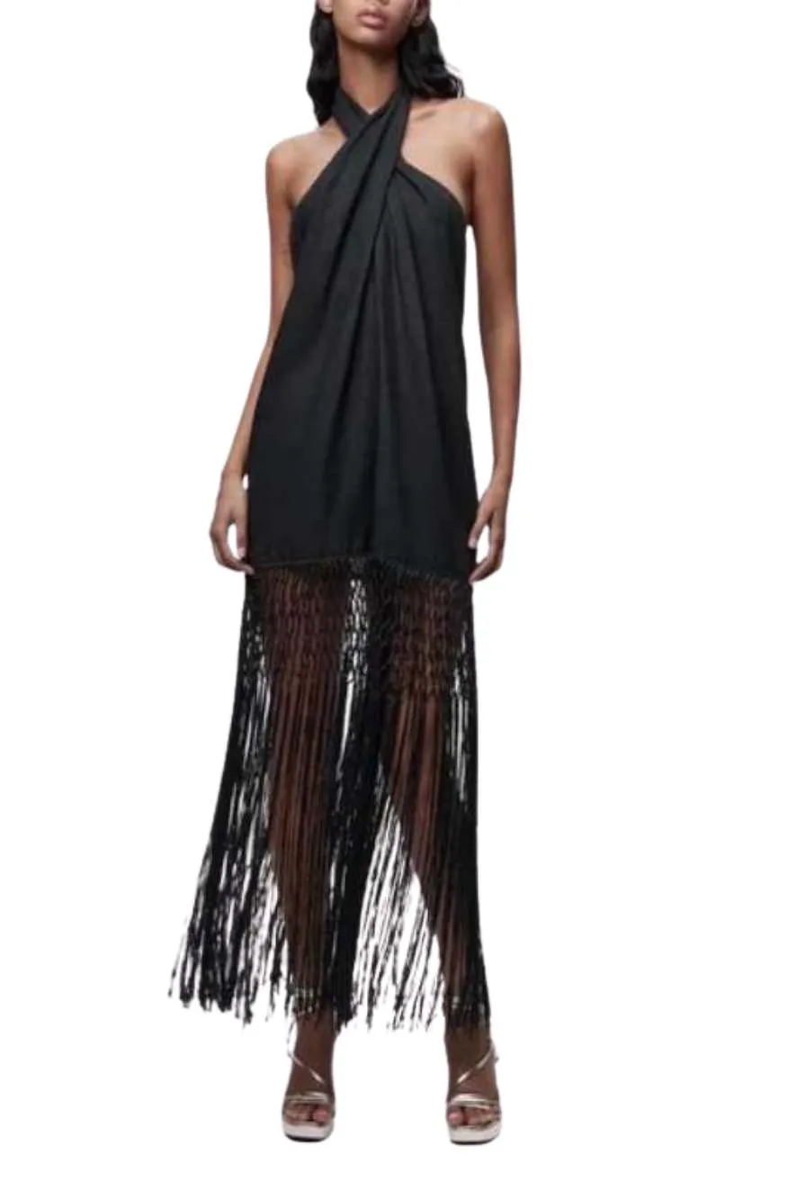 Black Linen Tassel Fringe Dress