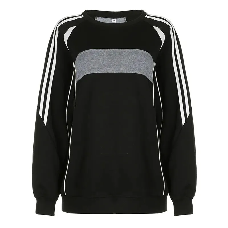 Black Oversized Stripe Spliced Long Sleeves Top