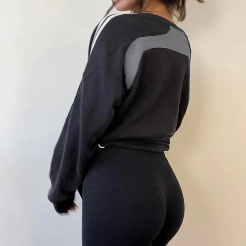 Black Oversized Stripe Spliced Long Sleeves Top