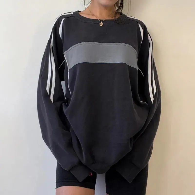 Black Oversized Stripe Spliced Long Sleeves Top