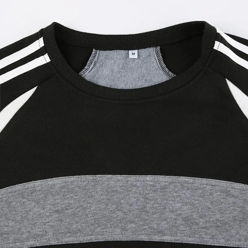 Black Oversized Stripe Spliced Long Sleeves Top