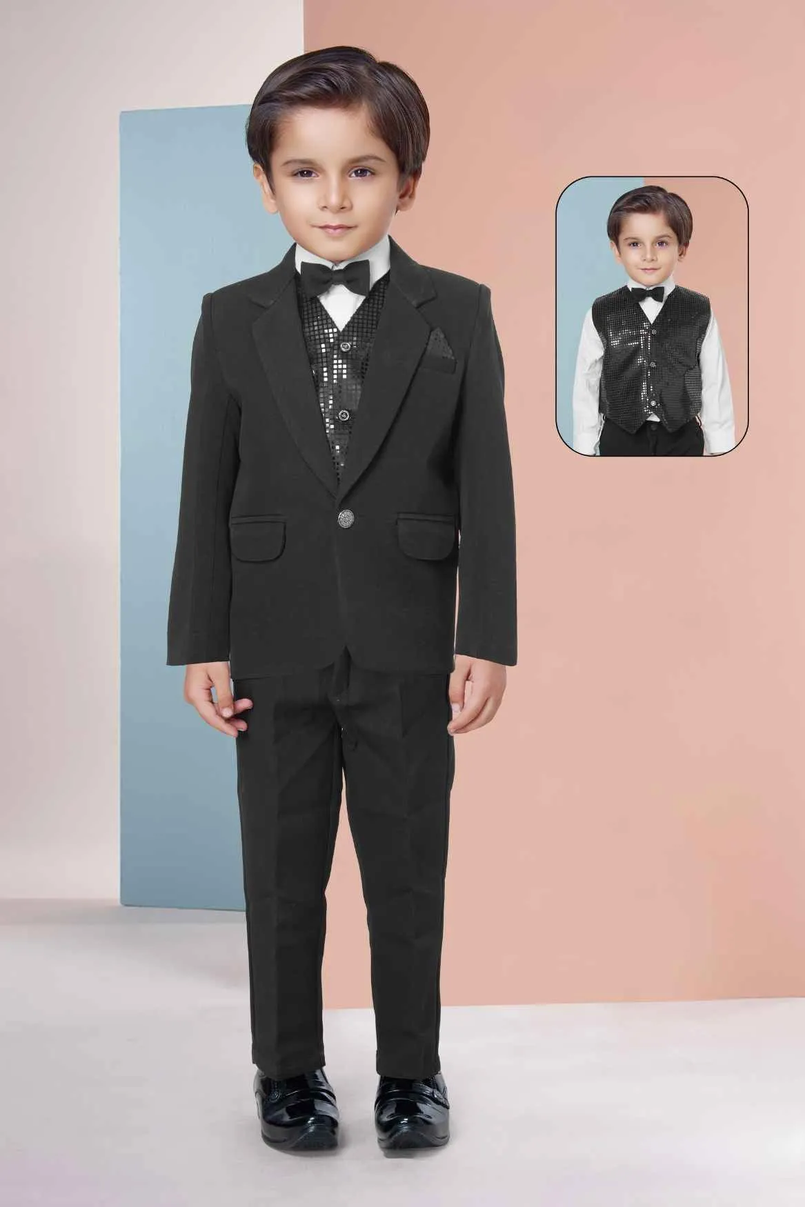 Black Tuxedo With Black Pant And Sequin Waistcoat Set For Boys