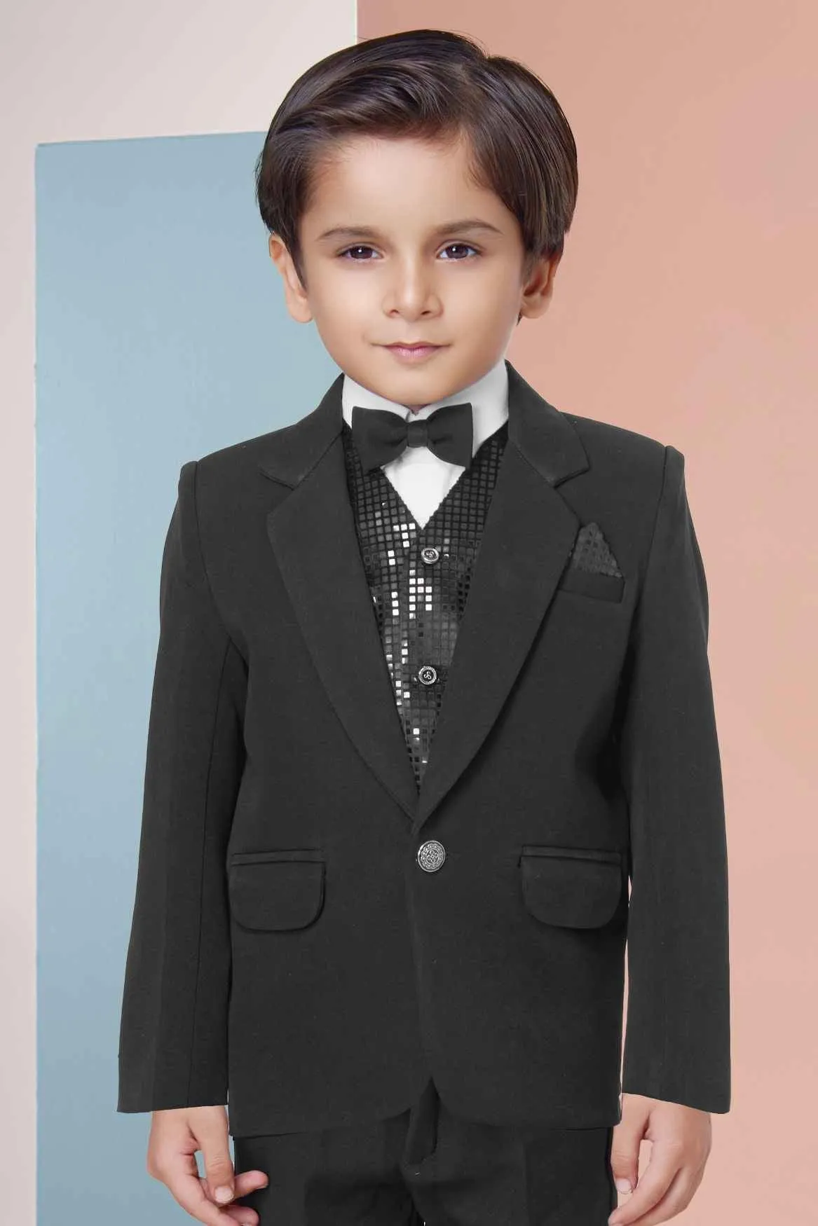Black Tuxedo With Black Pant And Sequin Waistcoat Set For Boys