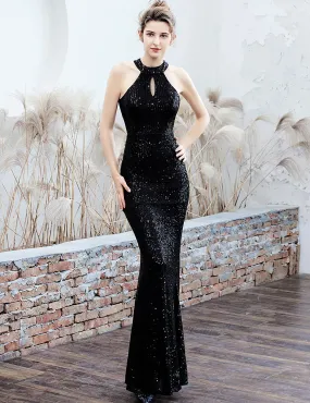 Black Women Evening Party Dress Sequin Sleeveless Dress Halter Neck Maxi Long Dress Formal Party Prom Gowns - A ARFAR