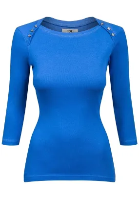 Blue Diamante Shoulder Knitted Cotton Rich Cotton Top