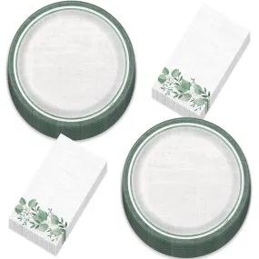 Botanical Garden Eucalyptus & Linen Paper Dinner Plates and Guest Napkins (Serves 16)