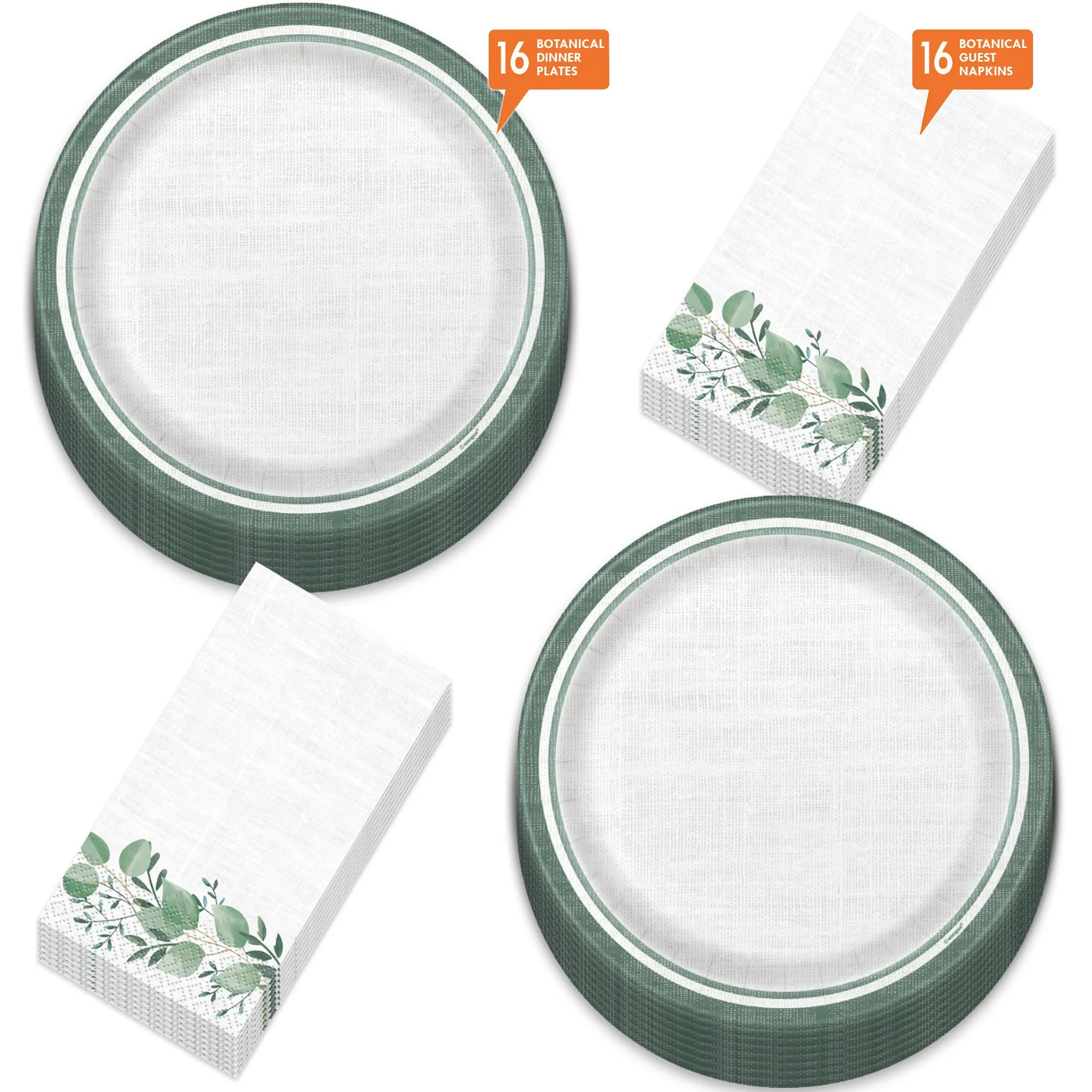 Botanical Garden Eucalyptus & Linen Paper Dinner Plates and Guest Napkins (Serves 16)