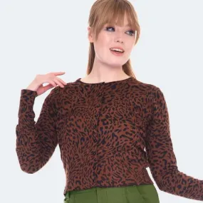 Brown Leopard Print Long Sleeve Round Neck Cardigan