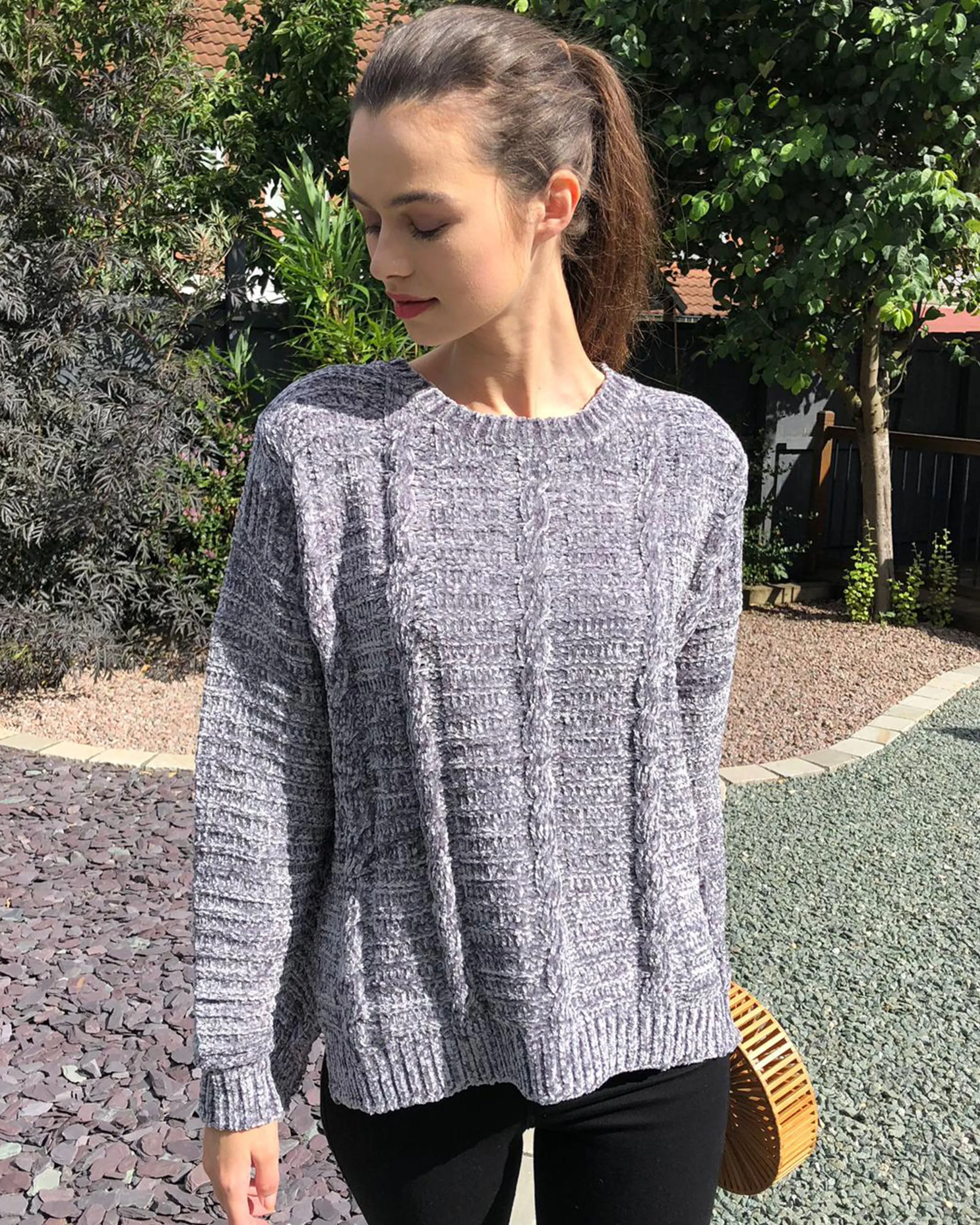 Cable knit velvet fabric soft knitted jumper