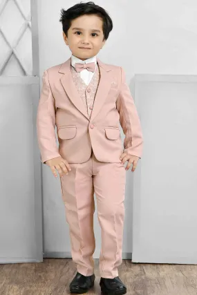 Classic Peach Four Pc Suit With White Shirt And Bow Coat Set For Boys