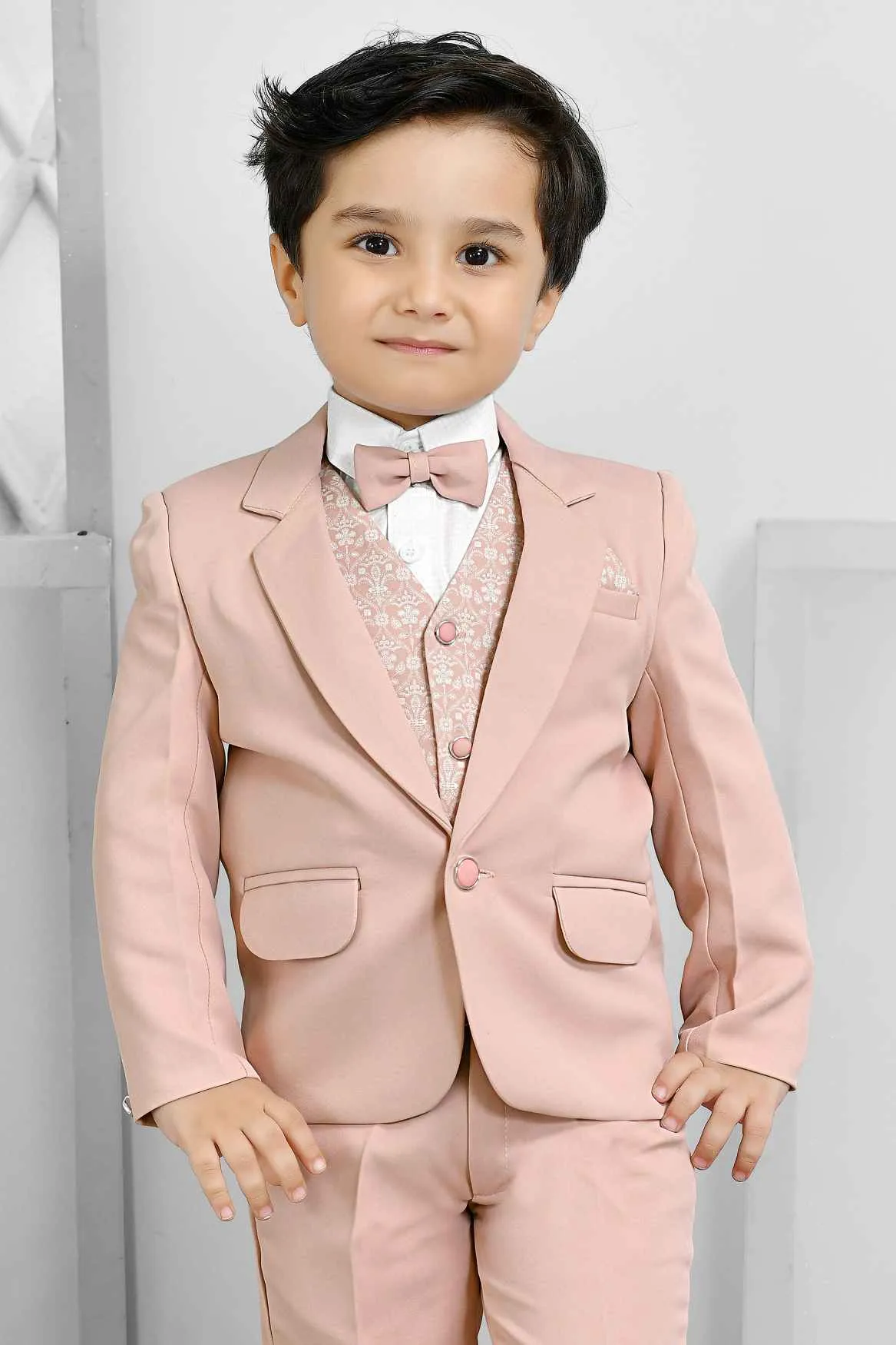 Classic Peach Four Pc Suit With White Shirt And Bow Coat Set For Boys