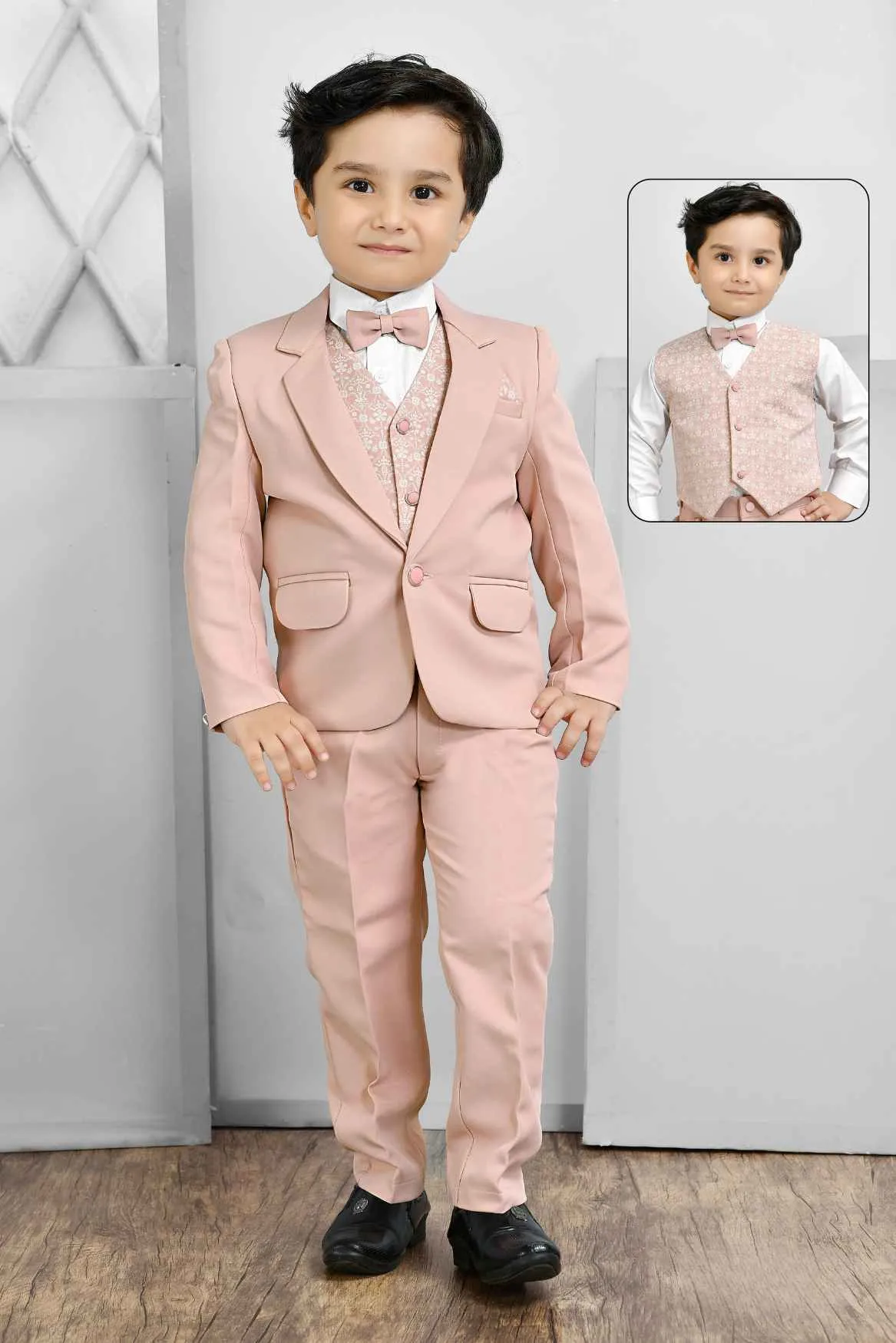 Classic Peach Four Pc Suit With White Shirt And Bow Coat Set For Boys