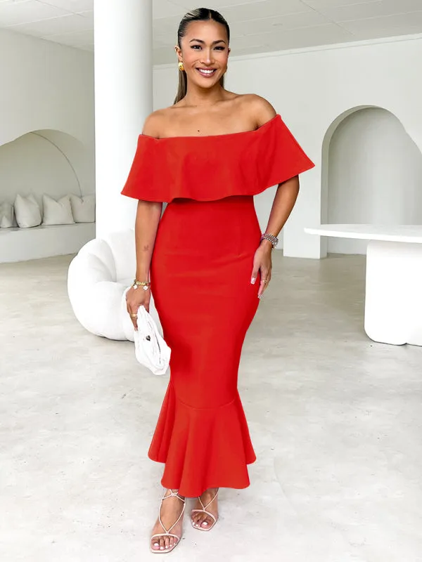 Cocktail Couture Solid Off-Shoulder Mermaid Midi Dress