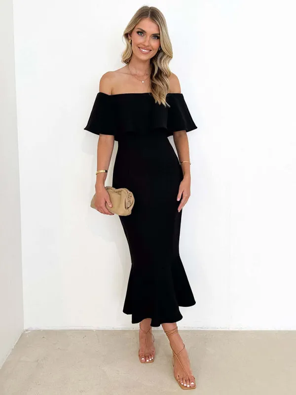 Cocktail Couture Solid Off-Shoulder Mermaid Midi Dress
