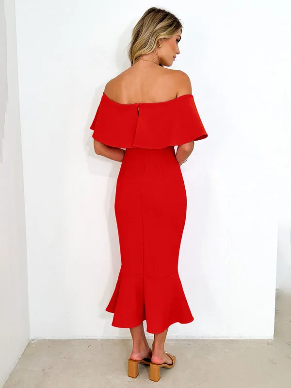 Cocktail Couture Solid Off-Shoulder Mermaid Midi Dress