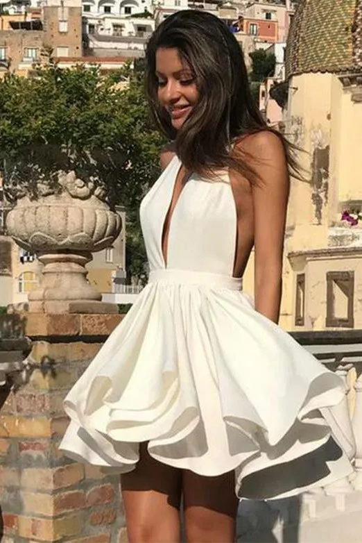 Deep V Neck White Short Homecoming Dresses Party Dresses PDA140
