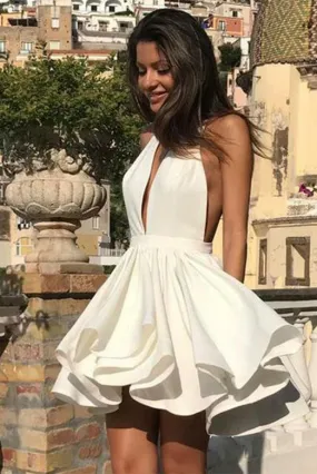 Deep V Neck White Short Homecoming Dresses Party Dresses PDA140