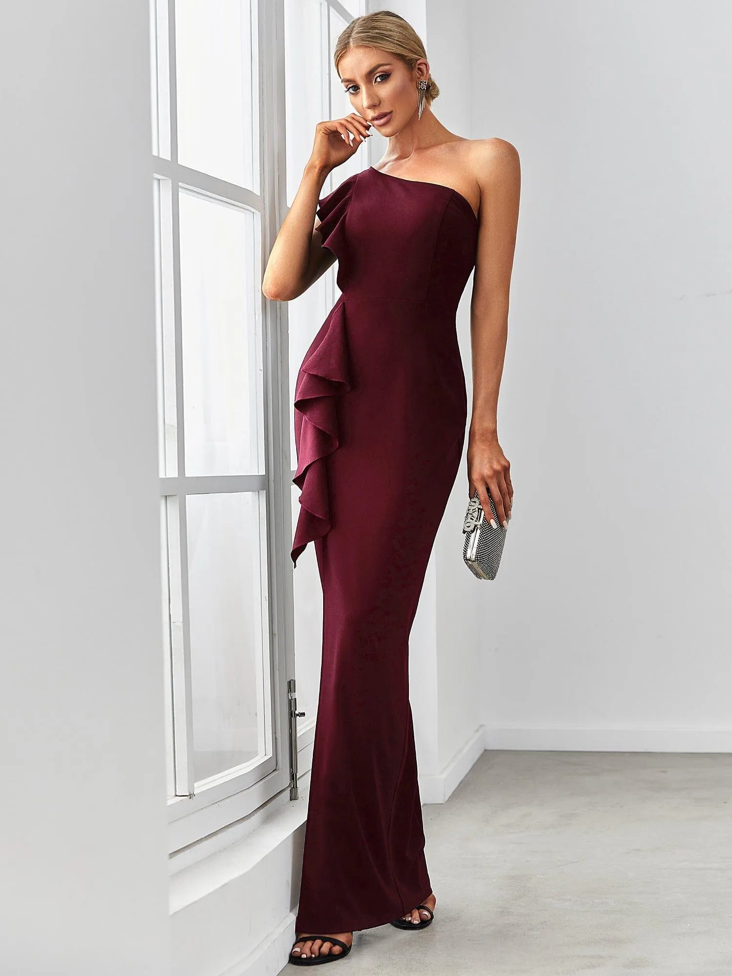 Elegant One Shoulder Slit High Stretch Evening Dress with Ruffles(Final Sale)