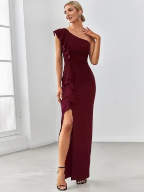 Elegant One Shoulder Slit High Stretch Evening Dress with Ruffles(Final Sale)
