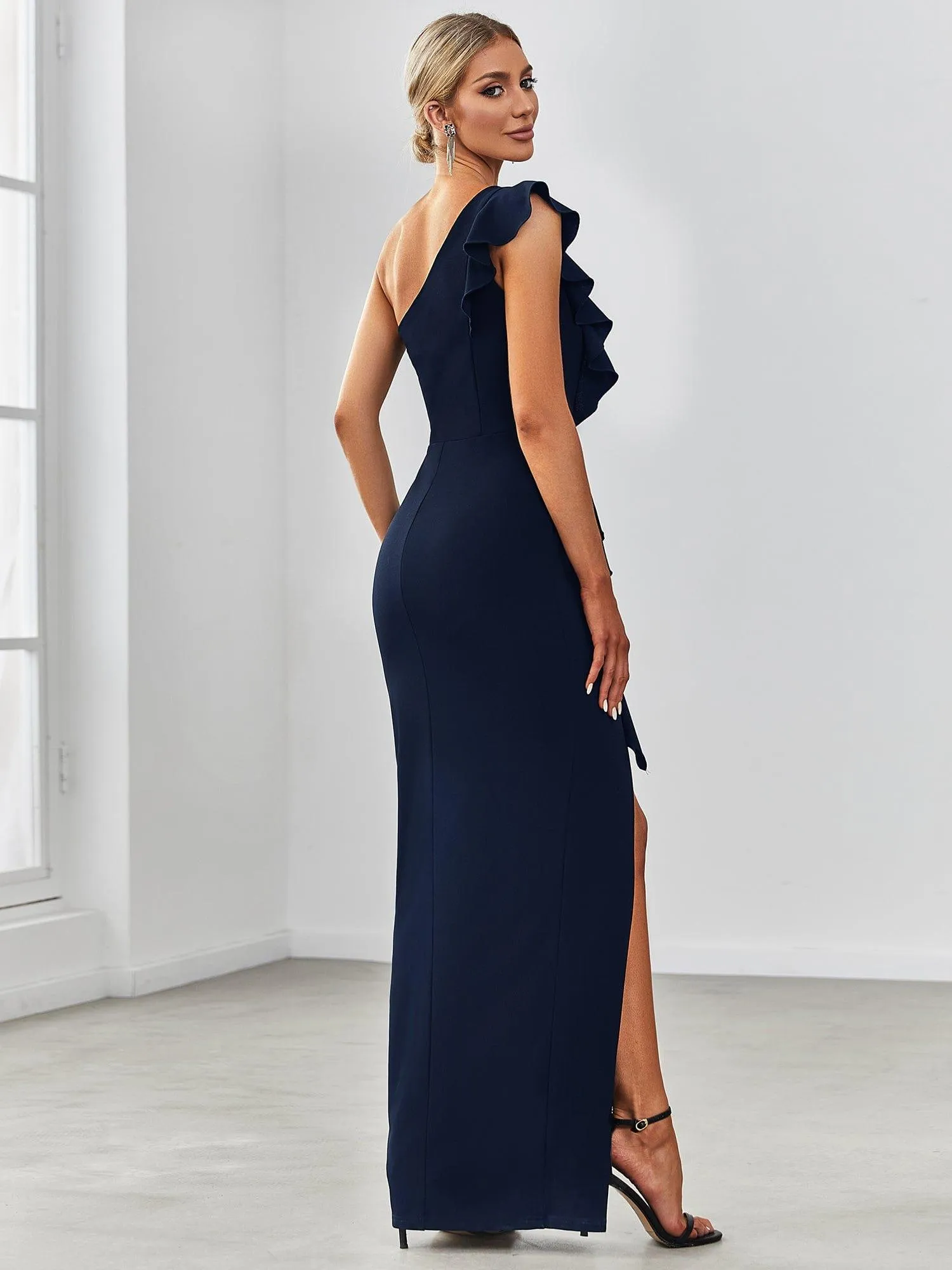 Elegant One Shoulder Slit High Stretch Evening Dress with Ruffles(Final Sale)