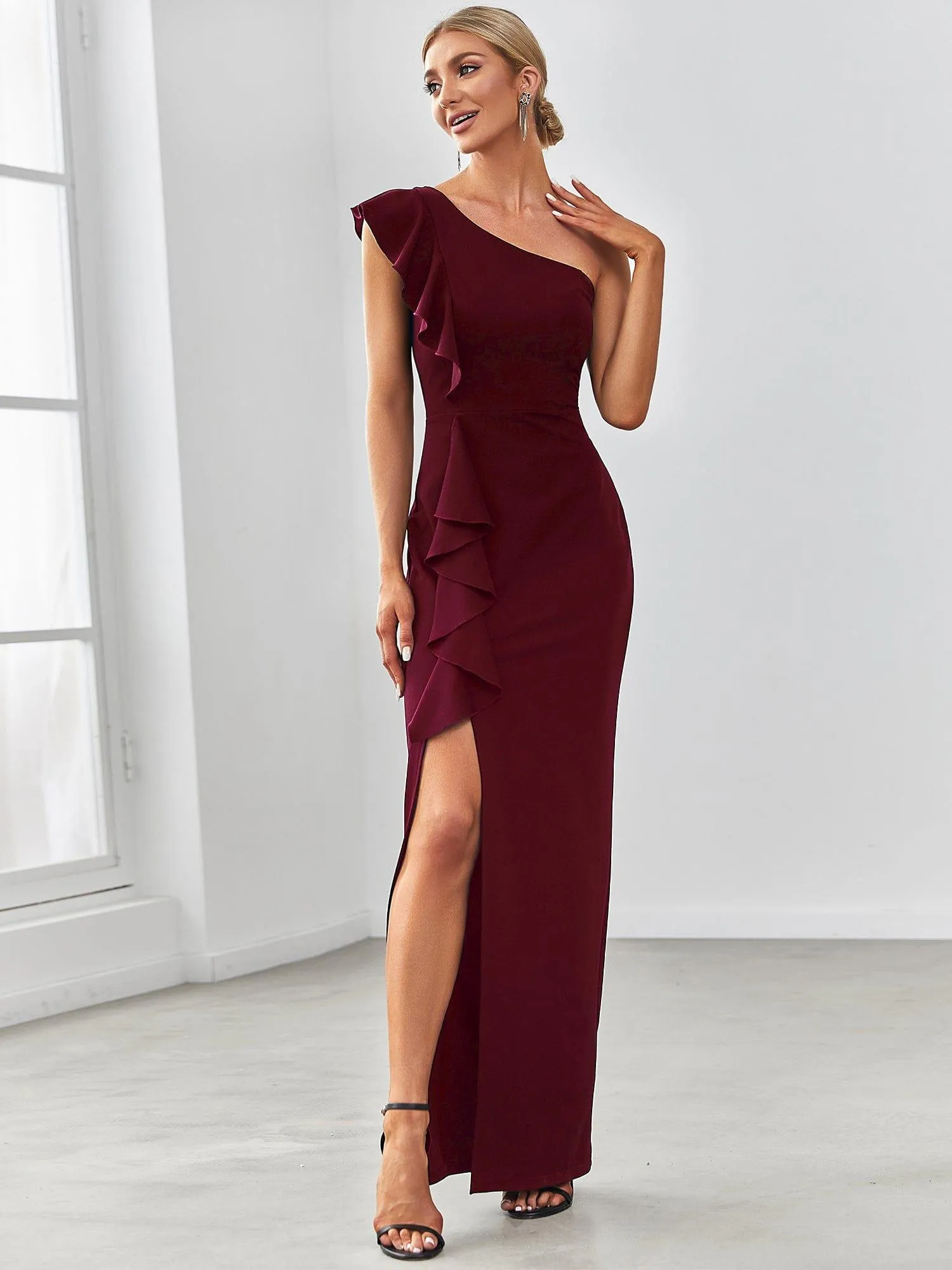 Elegant One Shoulder Slit High Stretch Evening Dress with Ruffles(Final Sale)