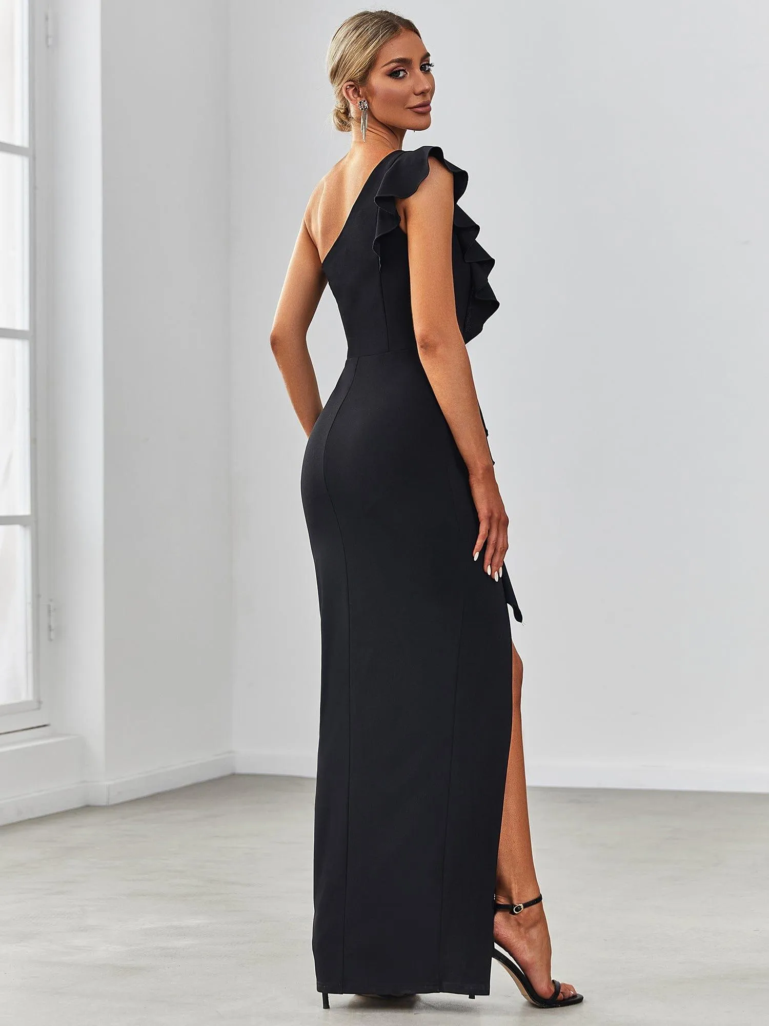 Elegant One Shoulder Slit High Stretch Evening Dress with Ruffles(Final Sale)
