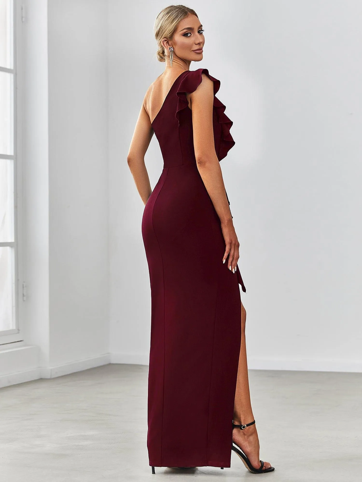Elegant One Shoulder Slit High Stretch Evening Dress with Ruffles(Final Sale)