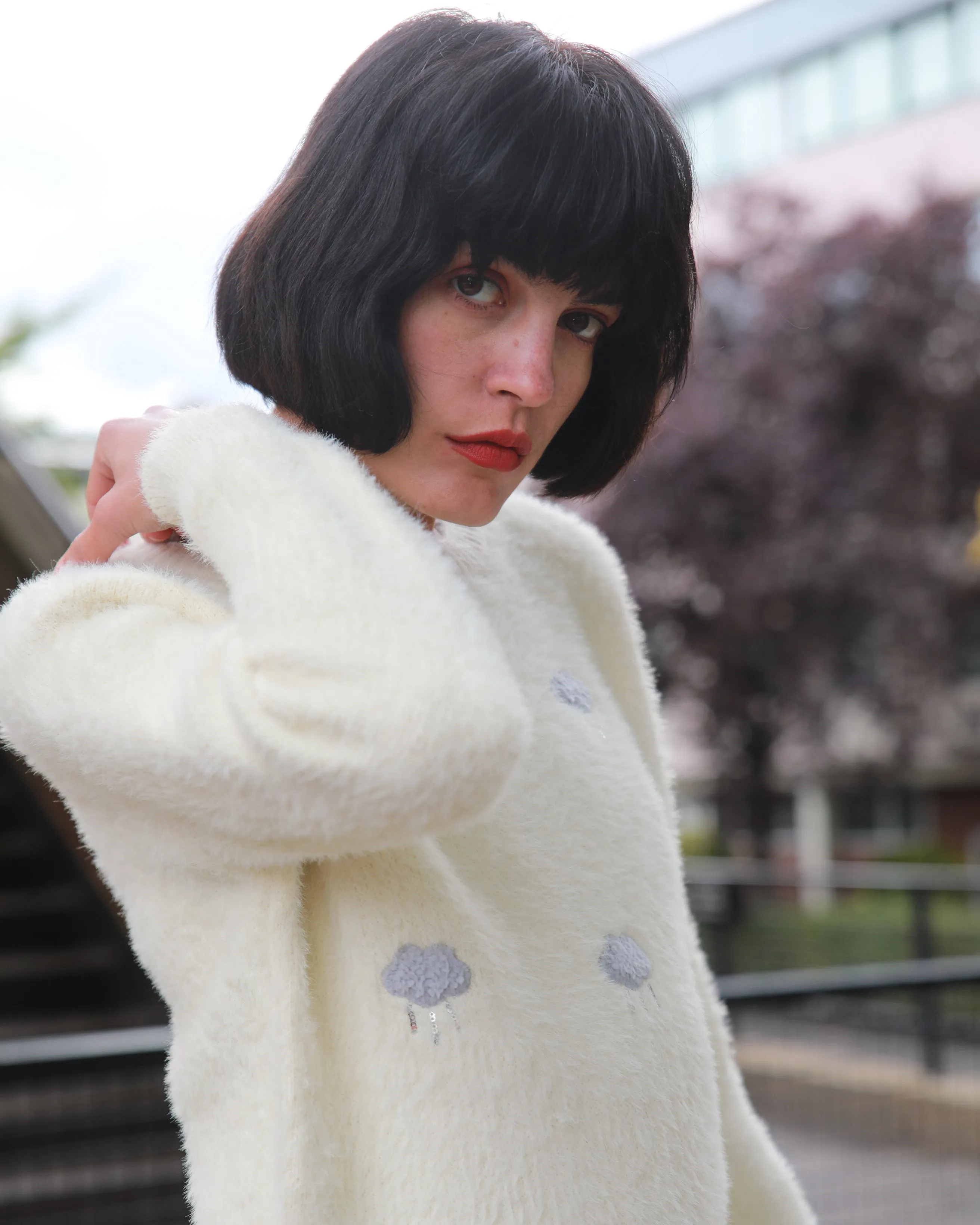 Embroidered could print fluffy jumper(CREAM)