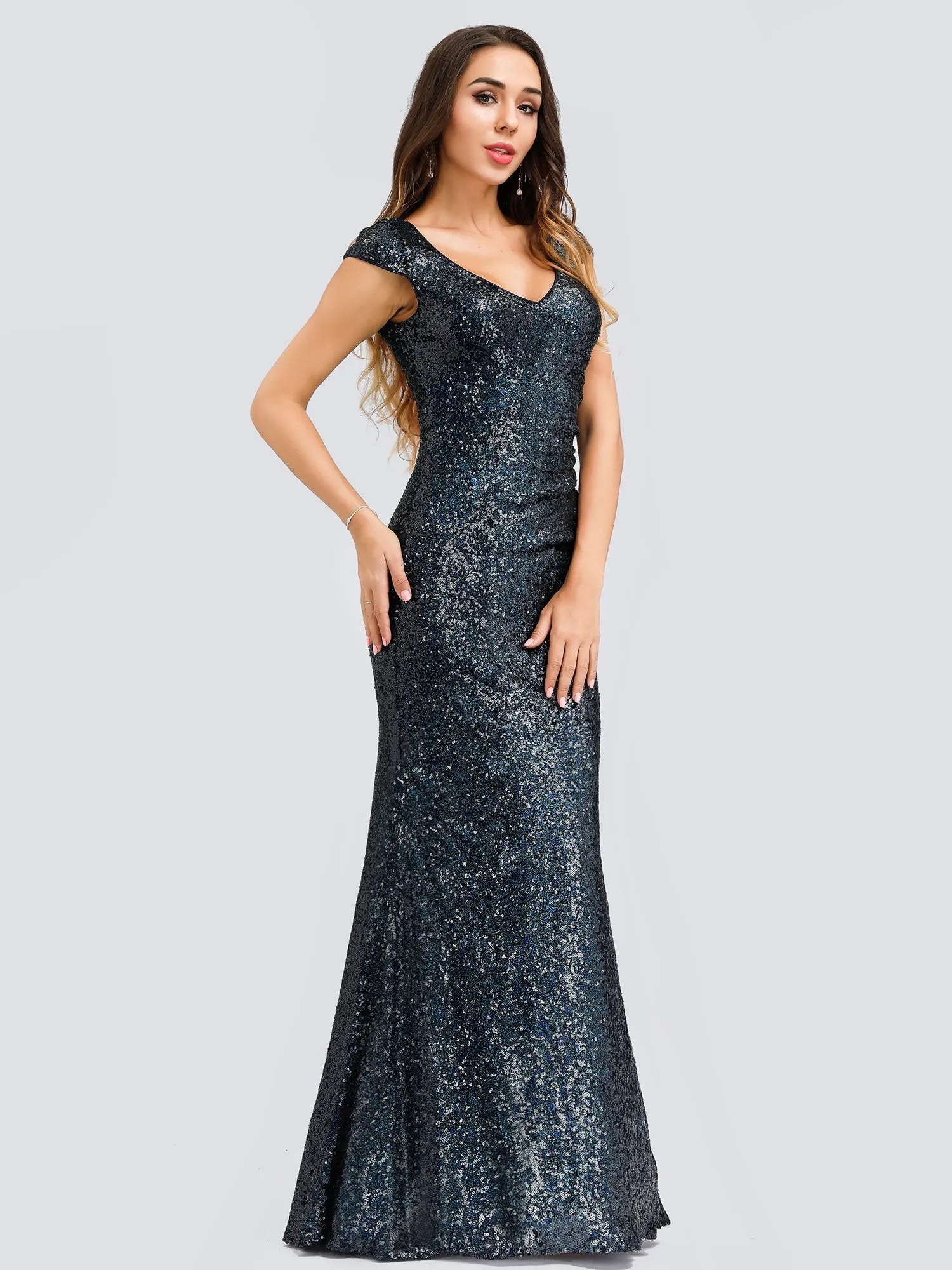 Ever-Pretty Women's V-Neck Cap Sleeve Sequin Dress Mermaid Dress EP00832