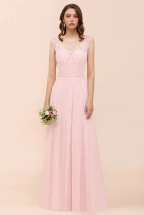 Floral Lace Bridesmaid Dress Pink A-line Wedding Party Dress