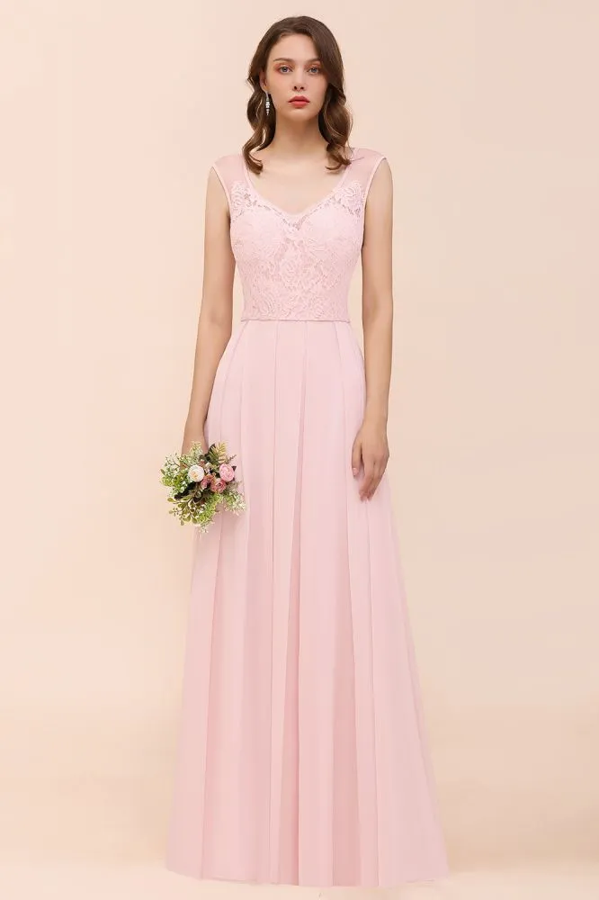 Floral Lace Bridesmaid Dress Pink A-line Wedding Party Dress