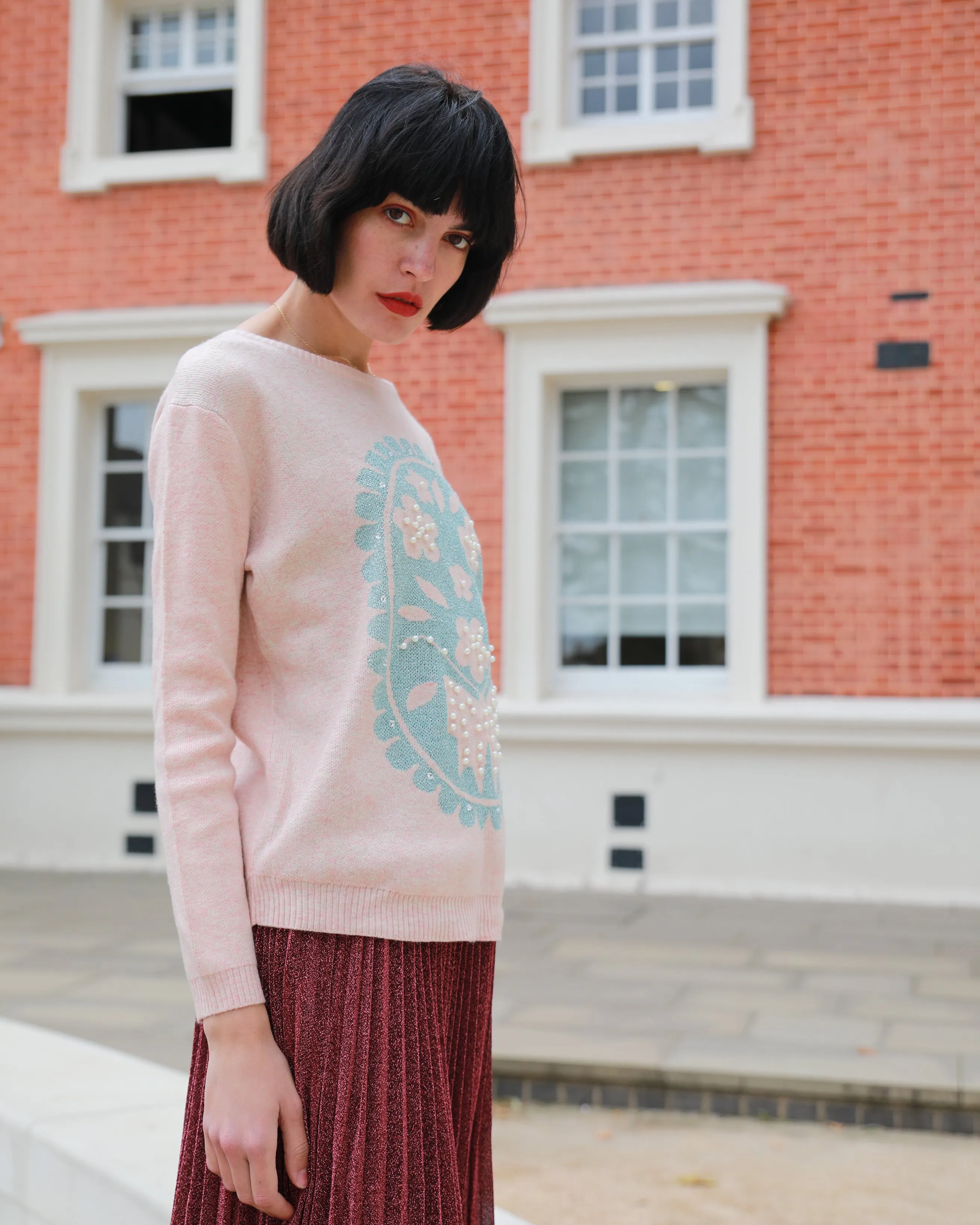 Floral pattern pearl embellished jumper