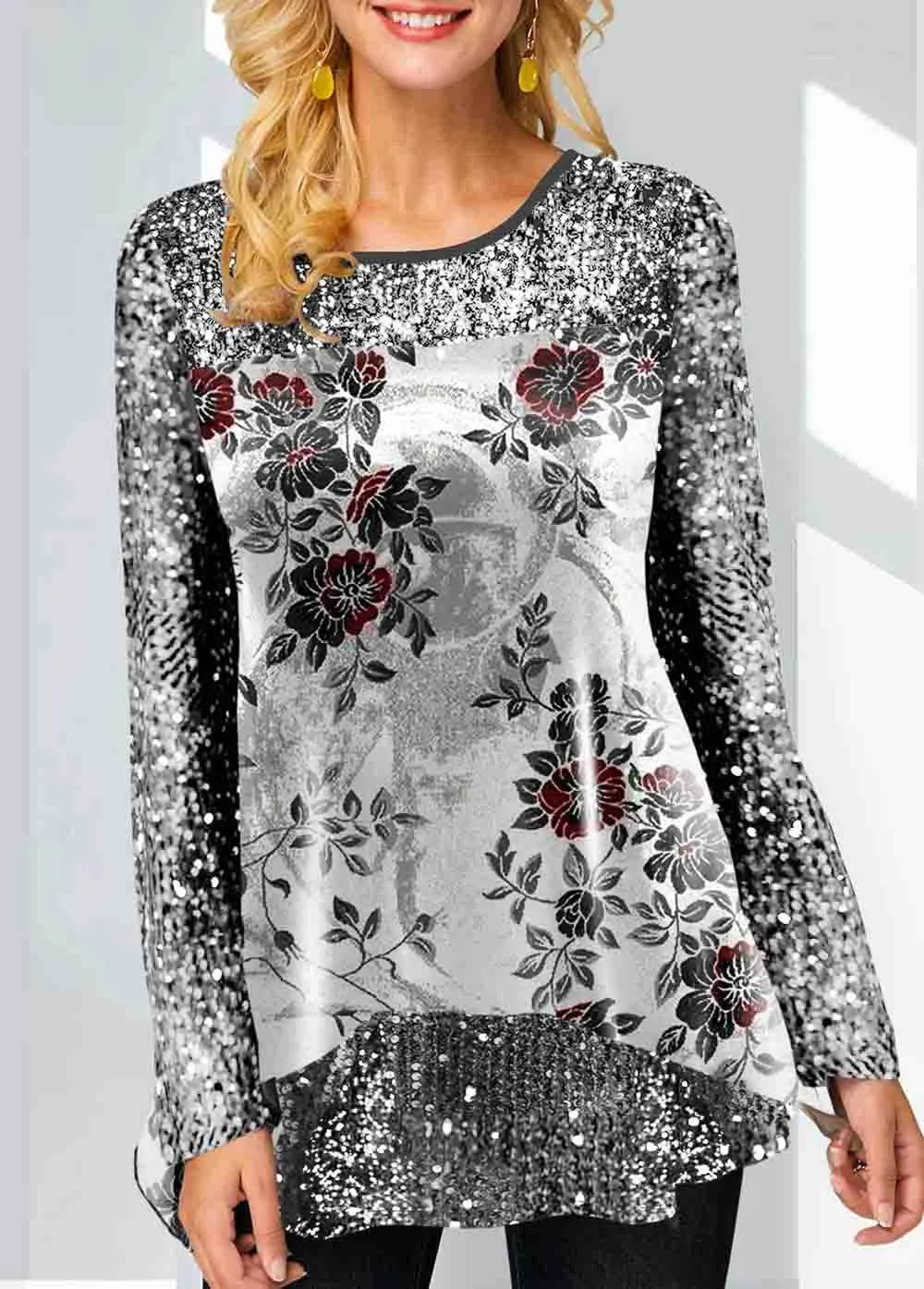 Floral Print Glitter Fabric Stitching Sweatshirt