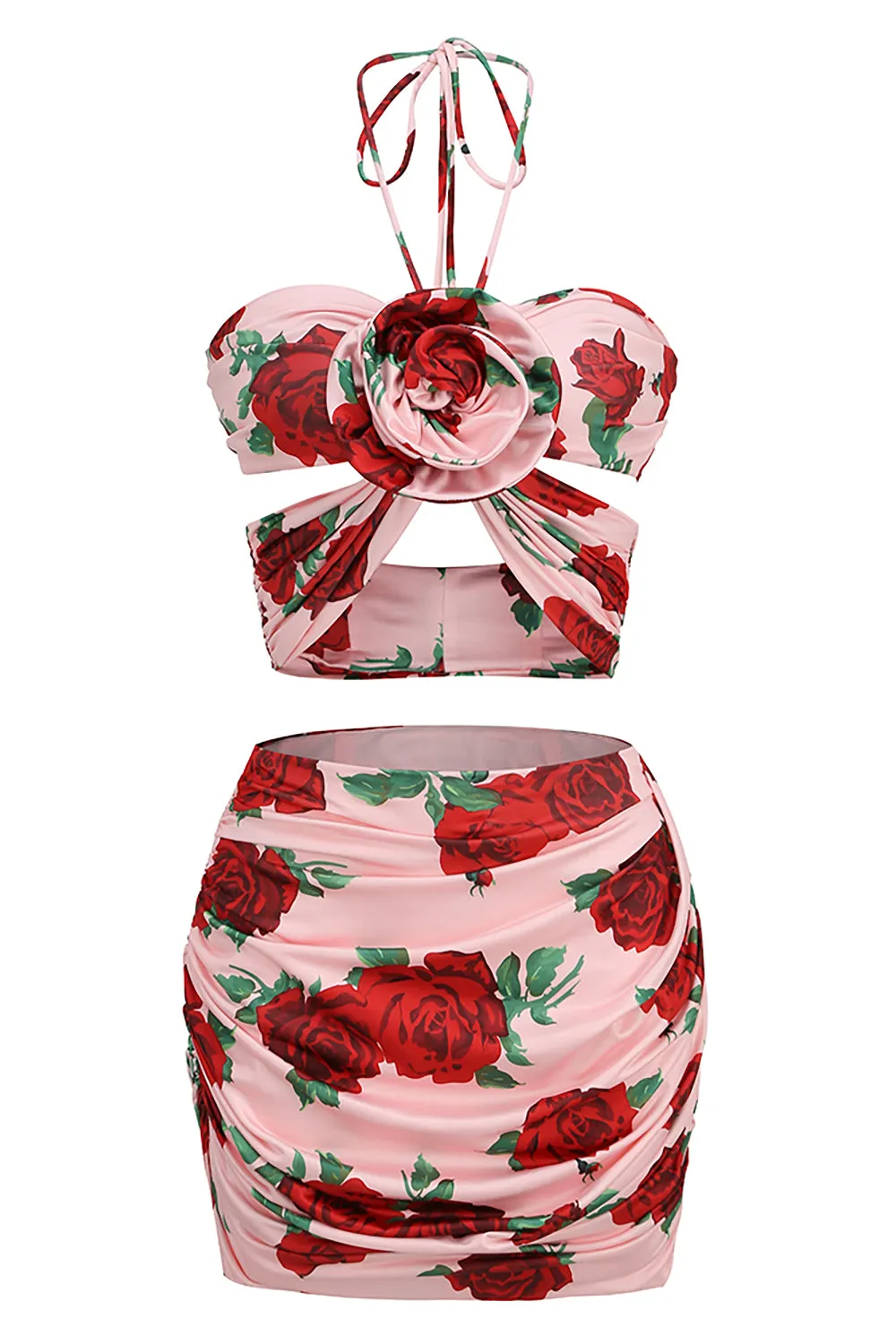 Floral Print Halter Cropped Top Mini Skirts