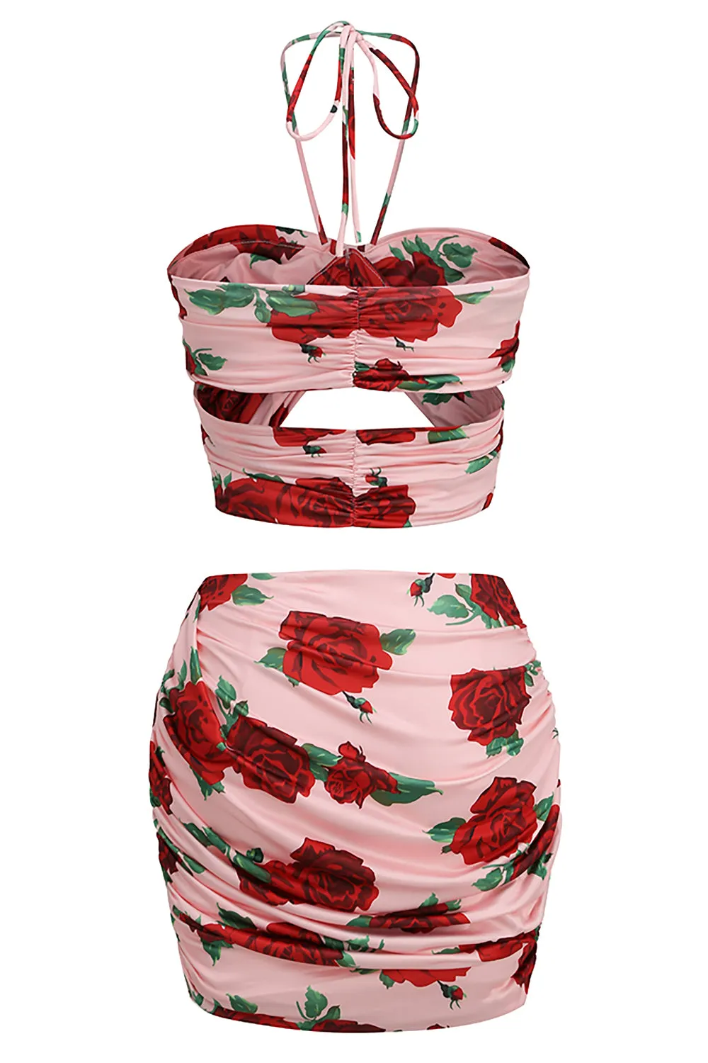Floral Print Halter Cropped Top Mini Skirts