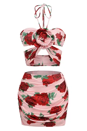 Floral Print Halter Cropped Top Mini Skirts