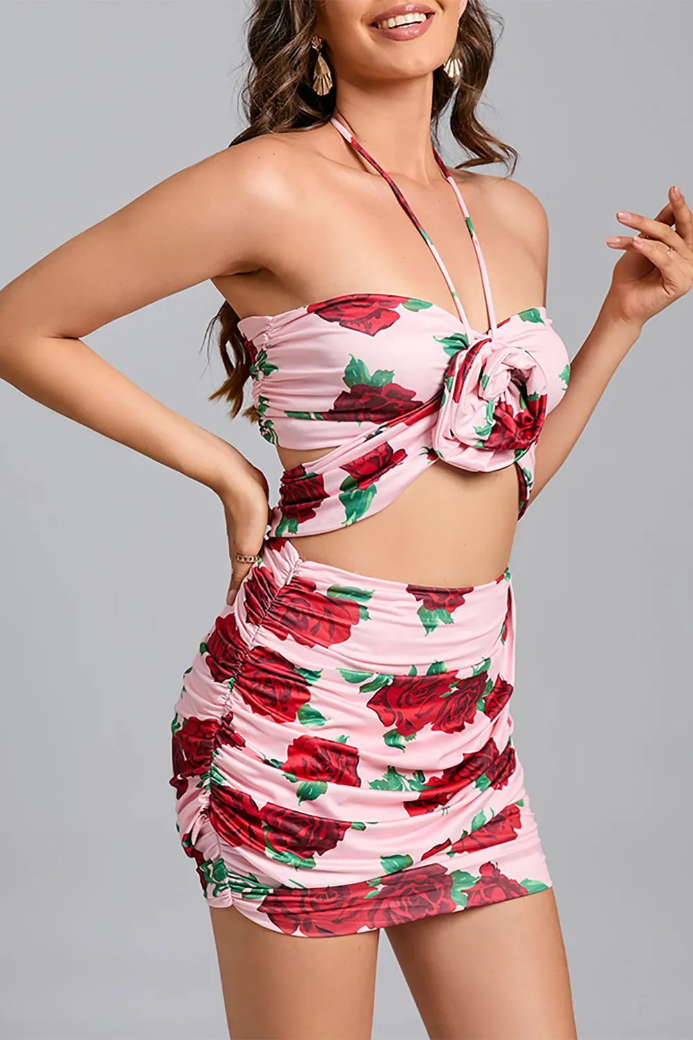 Floral Print Halter Cropped Top Mini Skirts