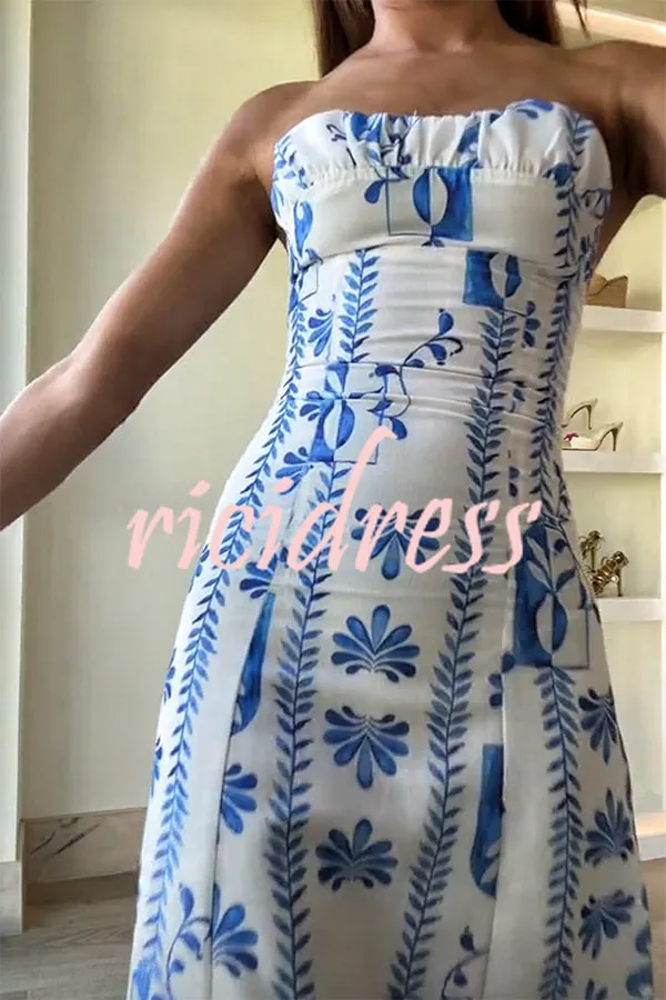 Freya Linen Blend Floral Wave Print Ruched Bust Strapless Maxi Dress