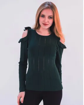 Frilled Cold Shoulder pointelle stitch top (Green)
