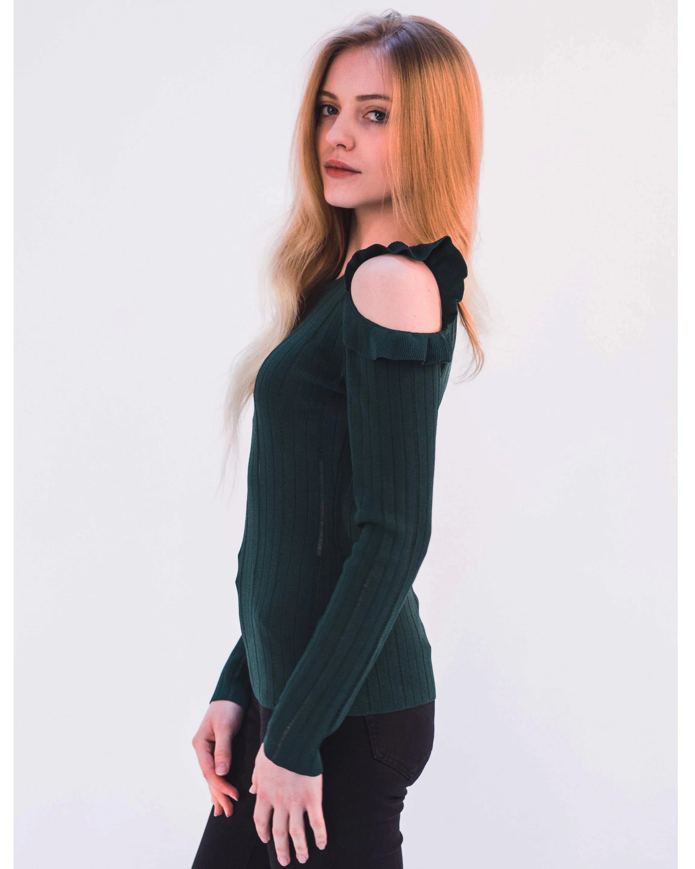 Frilled Cold Shoulder pointelle stitch top (Green)