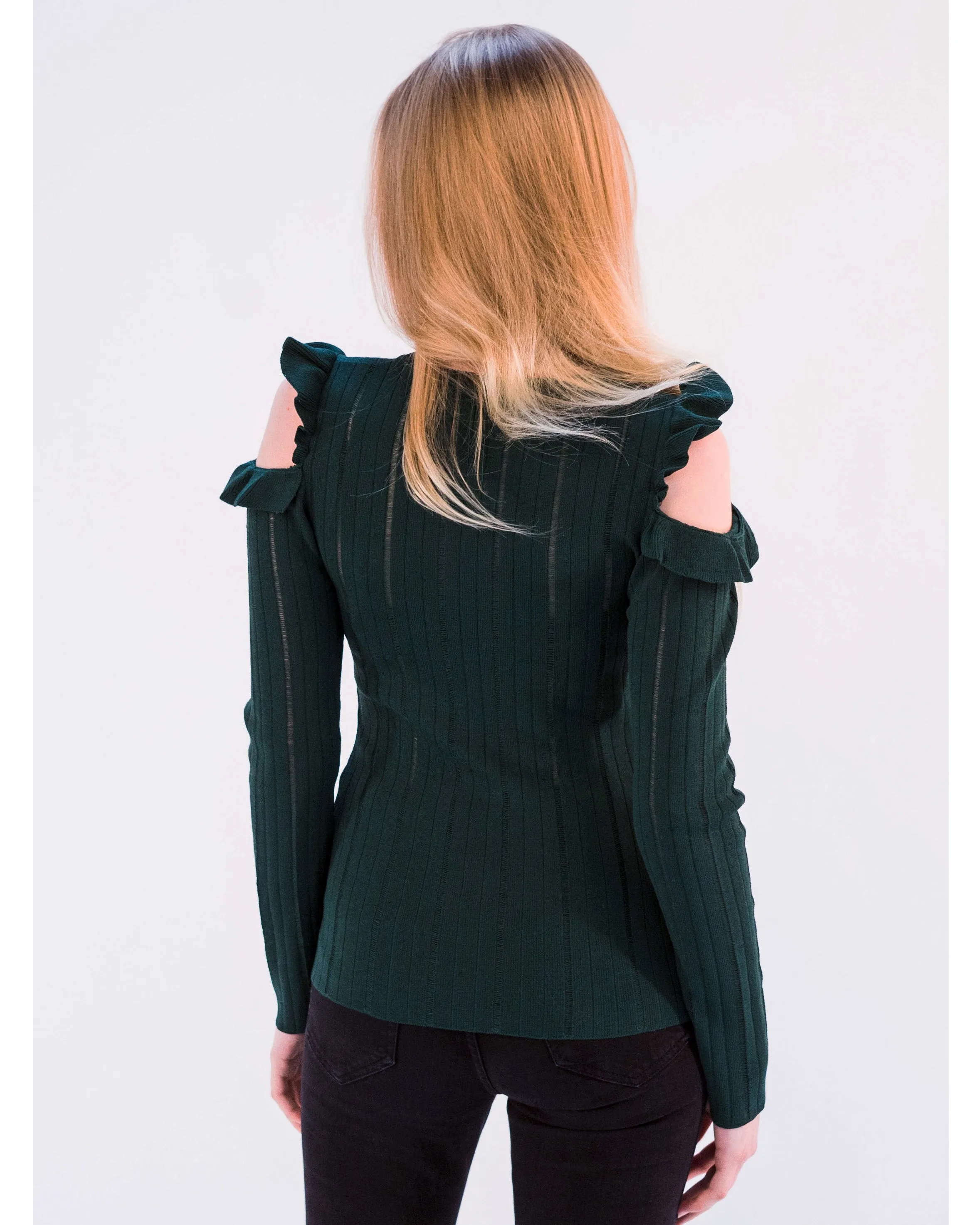 Frilled Cold Shoulder pointelle stitch top (Green)